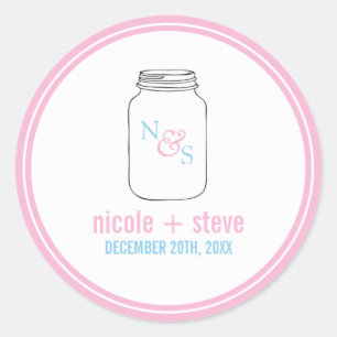 Pink und Blue Mason Jar Monogram Wedding Runder Aufkleber