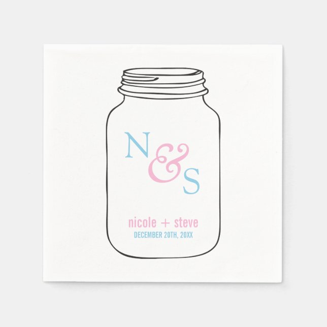 Pink und Blue Mason Jar Monogram Wedding Serviette (Vorderseite)