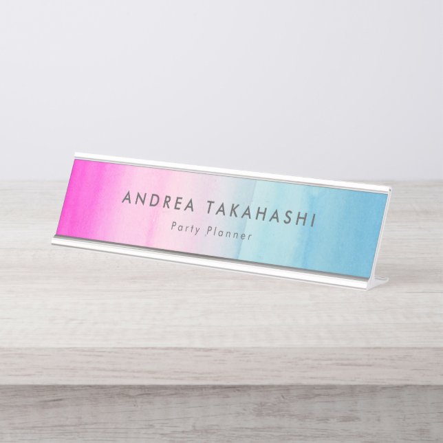 Pink und Blue Ombre Wasserfarbe | Name hinzufügen Schreibtischnamensplakette (Vorderseite )