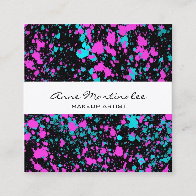 Pink und Blue Paint Spritzer auf Black  Quadratische Visitenkarte (Vorderseite)