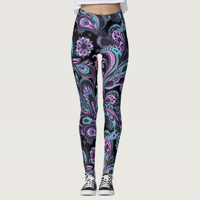 Pink und Blue Paisley Muster Leggings (Vorderseite)
