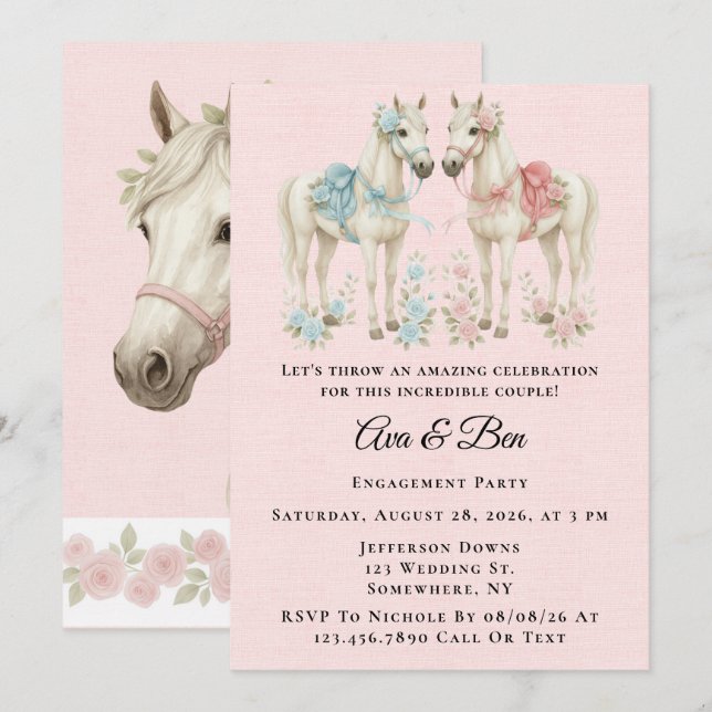 Pink und Blue Pastel Blume Reitpferd Party Einladung (Vorne/Hinten)