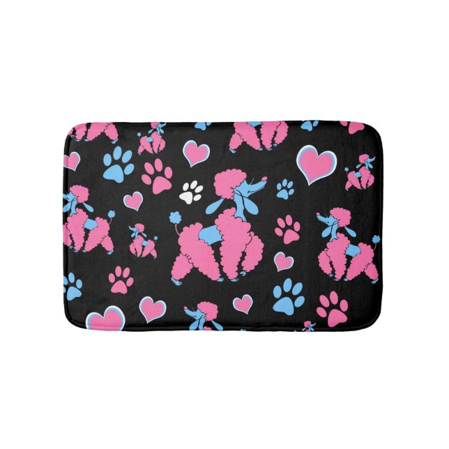 Pink und Blue Poodle Muster auf schwarzem Hintergr Badematte (Vorderseite)