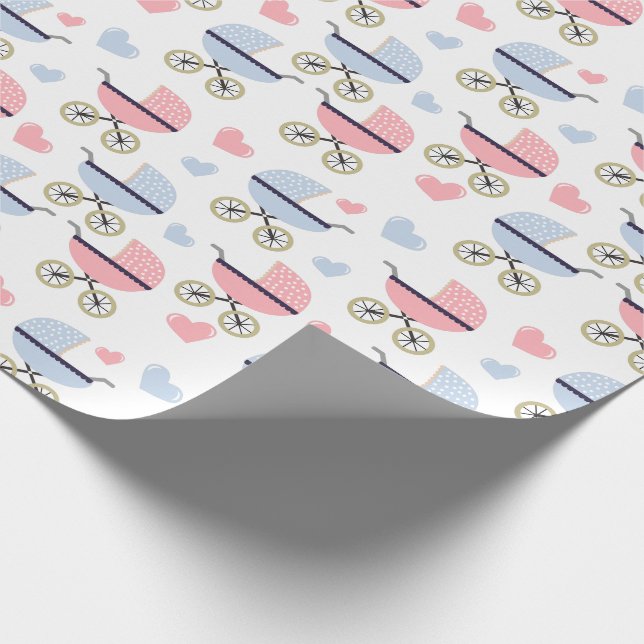 Pink und Blue Pram Pattern Babydusche Geschenkpapier (Ecke)