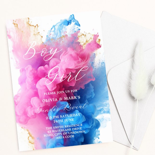 Pink und Blue Rmoke Themed Baby Gender Reveve Einladung (Von Creator hochgeladen)