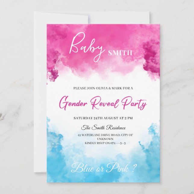 Pink und Blue Smoke Baby Gender Reveal Einladung (Vorderseite)