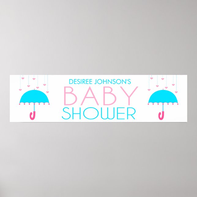 Pink und Blue Umbrella Baby Dusche Banner Poster (Vorne)