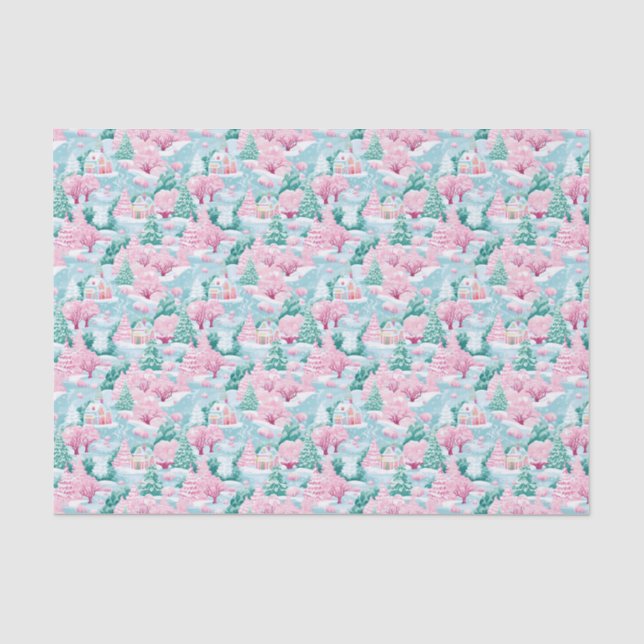 Pink und Blue Weihnachten Winter Schneehaus Seidenpapier (Vorderseite)