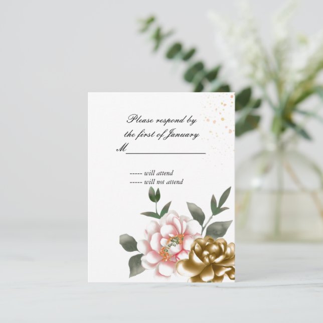 Pink und Bronze Wasserfarben-Antwort-Karte RSVP Karte (Stehend Vorderseite)