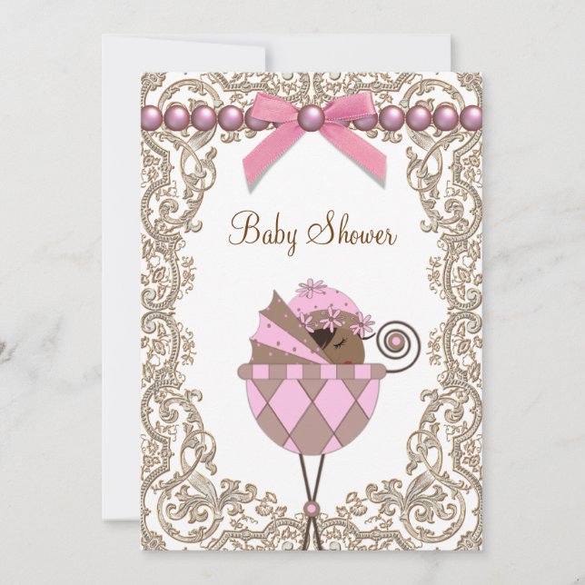 Pink und Brown African American Baby Girl Dusche Einladung (Vorderseite)