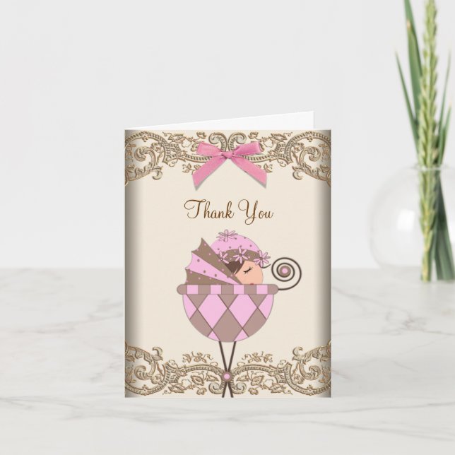 Pink und Brown Baby Dusche Danke, Cards Dankeskarte (Vorderseite)