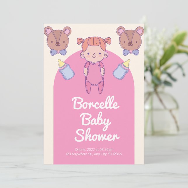 Pink und Brown Bear Baby Dusche Einladung (Stehend Vorderseite)