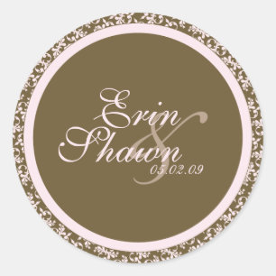 Pink und Brown Damask - VORLAGE Runder Aufkleber