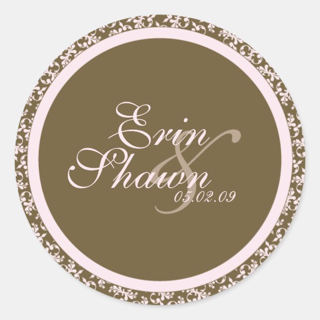 Pink und Brown Damask - VORLAGE Runder Aufkleber (Vorderseite)