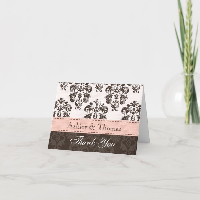 Pink und Brown Damask Wedding Danke, dass ihr Kart Dankeskarte (Vorderseite)