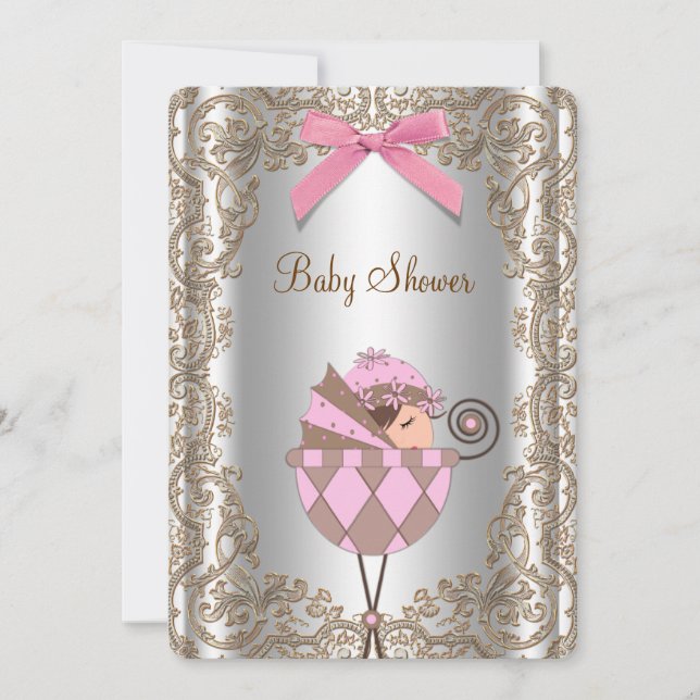 Pink und Brown Lace Baby Dusche Einladung (Vorderseite)