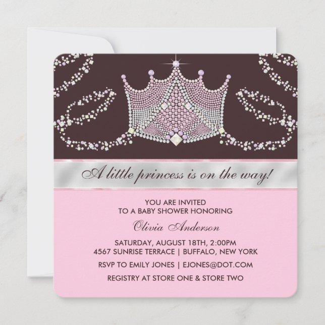 Pink und Brown Tiara Princess Baby Dusche Einladung (Vorderseite)