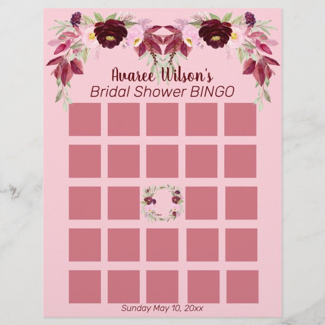 Pink und Burgund Wasserfarbe Brautparty Bingo Flyer (Vorne)
