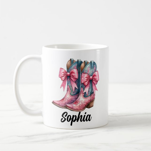 Pink und Denim Blue Cowgirl Stiefel personalisiert Kaffeetasse (Links)
