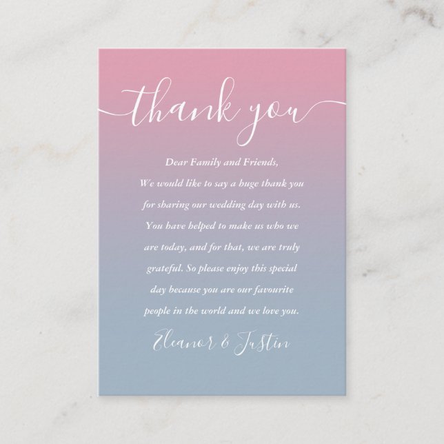 Pink und Dusty Blue Ombre Wedding Vielen Dank Platzkarte (Vorderseite)