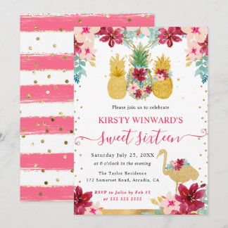Pink und Gold Ananas & Flamingo 16 . Geburtstag Einladung