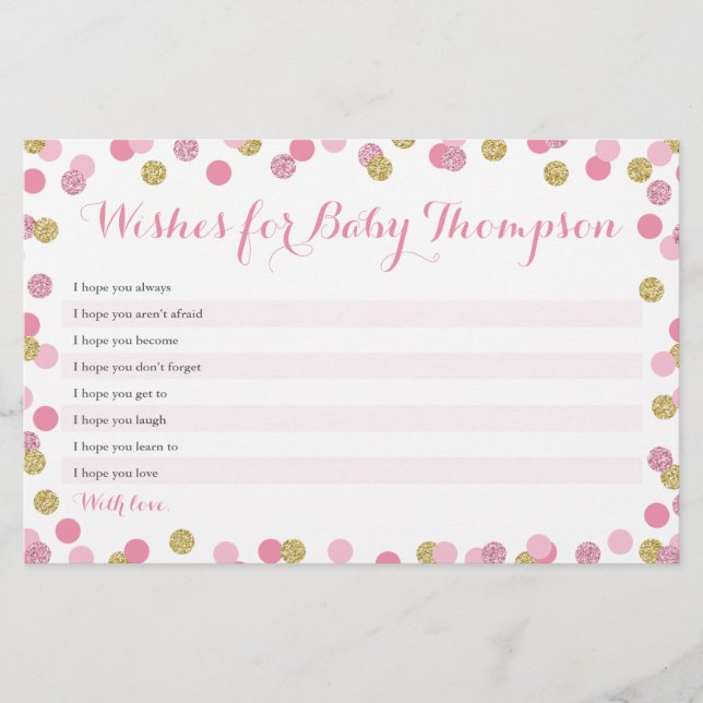 Pink und Gold Baby Dusche Wünsche für Babykarten (Vorderseite)