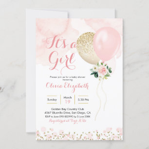 Pink und Gold Ballon Girl Baby Dusche Einladung