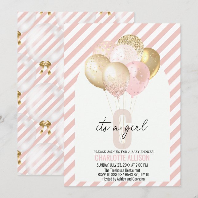 Pink und Gold Balloons Babydusche Einladung (Vorne/Hinten)