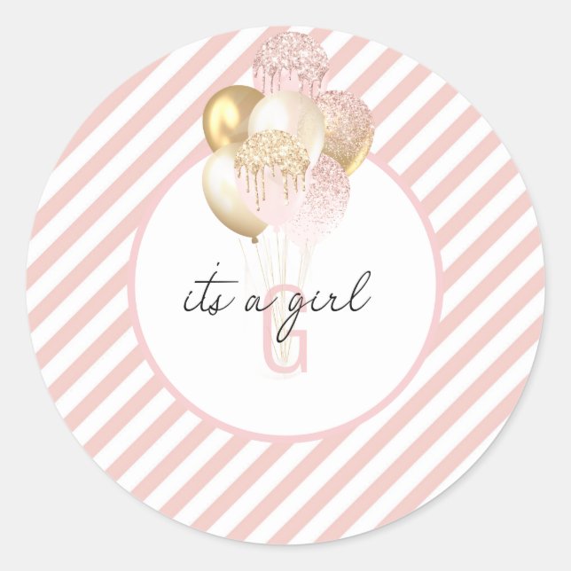 Pink und Gold Balloons Babydusche Runder Aufkleber (Vorderseite)