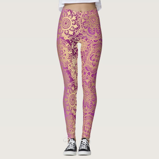 Pink und Gold Boho Mandala Pattern Yoga Leggings (Vorderseite)