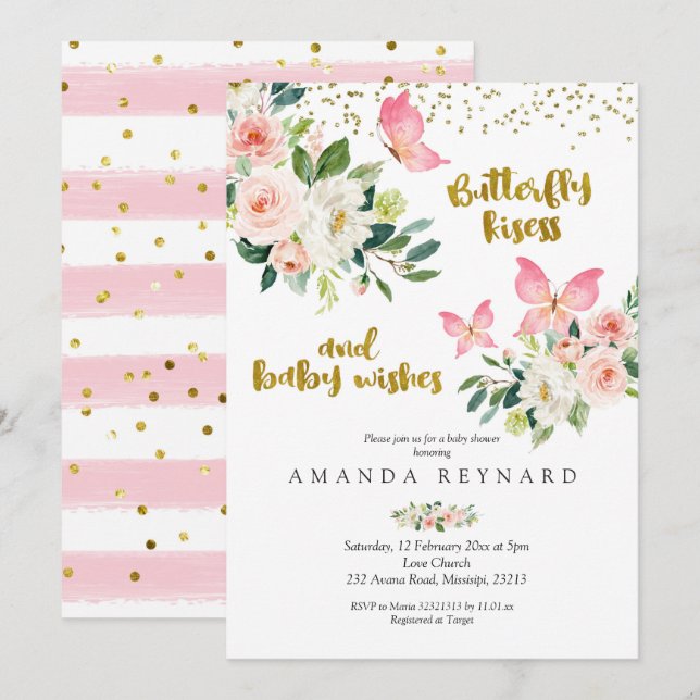Pink und Gold Butterfly Kisses und Baby Wish Einladung (Vorne/Hinten)