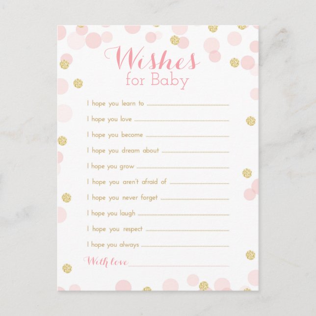 Pink und Gold Confetti Baby Dusche Wünsche Postkarte (Vorderseite)