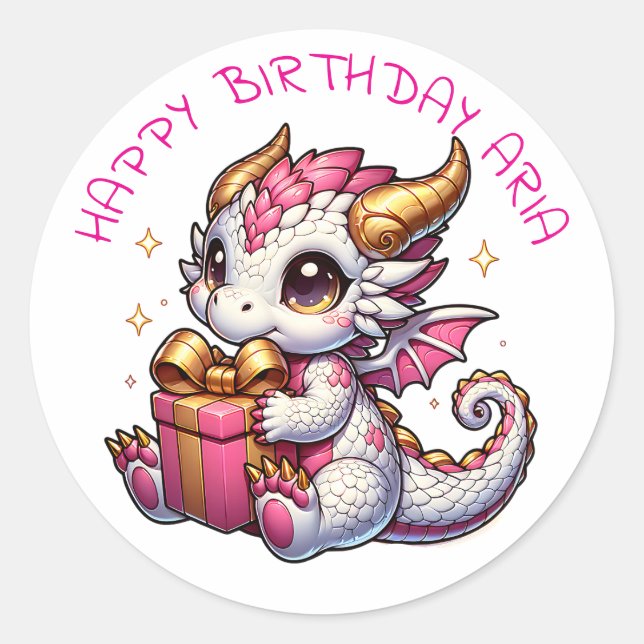 Pink und Gold Dragon Girls Personalisierter Geburt Runder Aufkleber (Vorderseite)