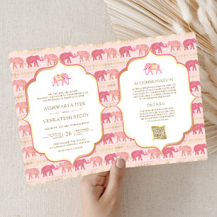 Pink und Gold Elephant Indian All in One Wedding Einladung