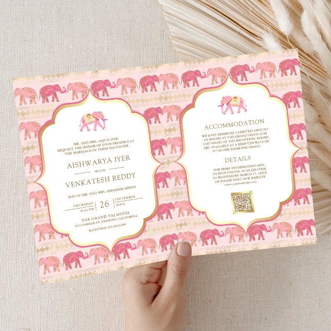 Pink und Gold Elephant Indian All in One Wedding Einladung (Von Creator hochgeladen)