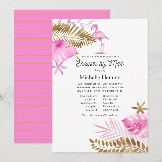 Pink und Gold Flamingo Brautparty per Mail Einladung (Vorne/Hinten)