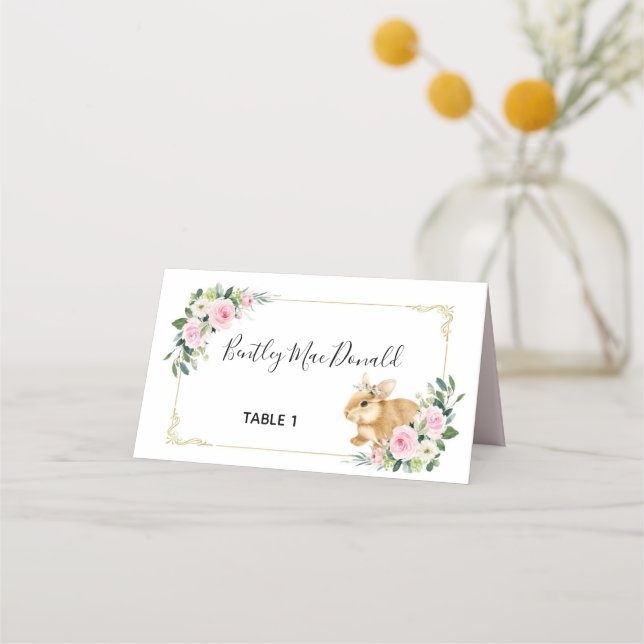 Pink und Gold Floral Kaninchen Ostern Platzkarte (Vorderseite)