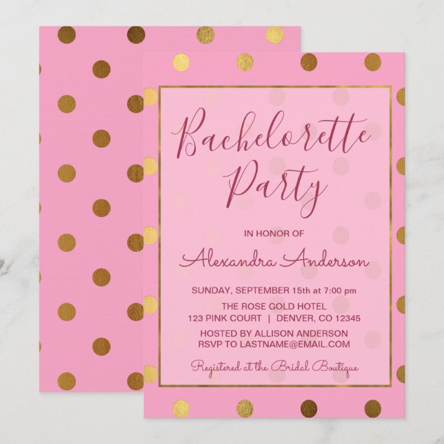 Pink und Gold Foil Polka Dot Junggeselinnen-Abschi Einladung (Vorne/Hinten)