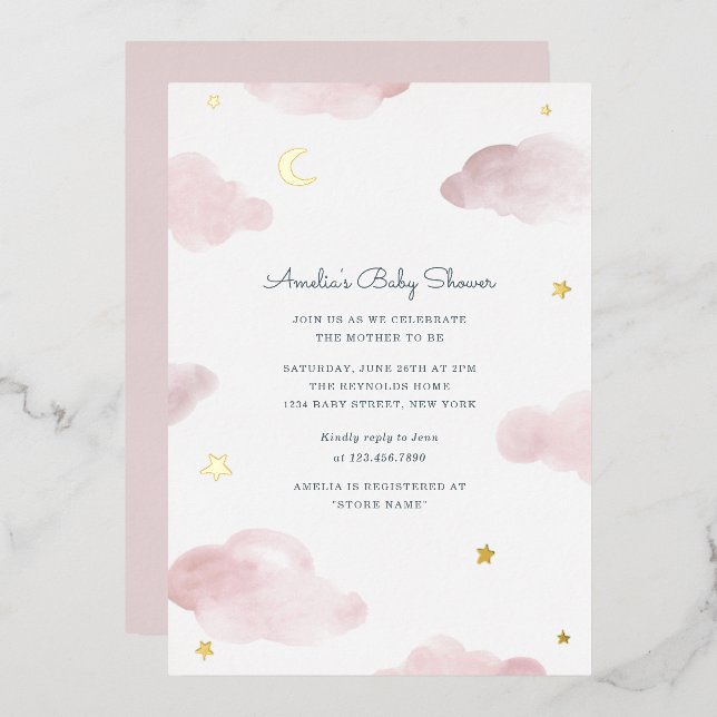 Pink und Gold Foil Sweet Dreams Baby Dusche laden Folieneinladung (Vorderseite/Rückseite)