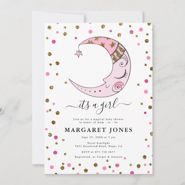 Pink und Gold Glitzer Confetti Moon Babydusche Einladung (Vorderseite)