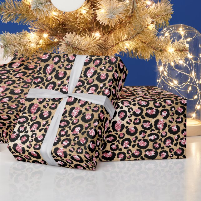 Pink und Gold Glitzer Glam Leopard Spots Muster Geschenkpapier (Feiertage)