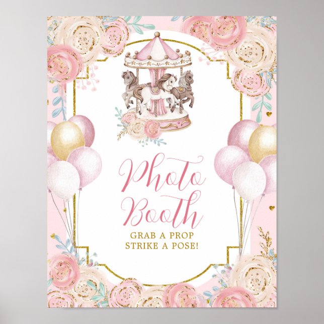 Pink und Gold Magic Carousel Foto Booth Sign Poster (Vorne)