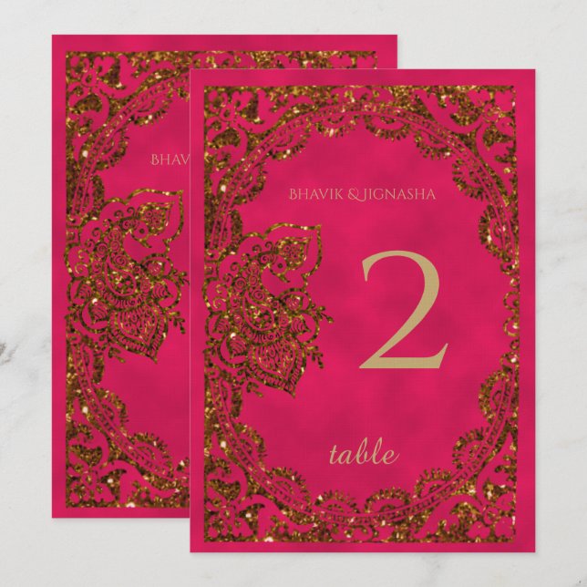 Pink und Gold Peacock Indische Tischnummer (Vorne/Hinten)