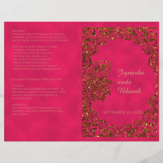 Pink und Gold Pfauengehindu-Hochzeitsprogramm (Vorderseite)