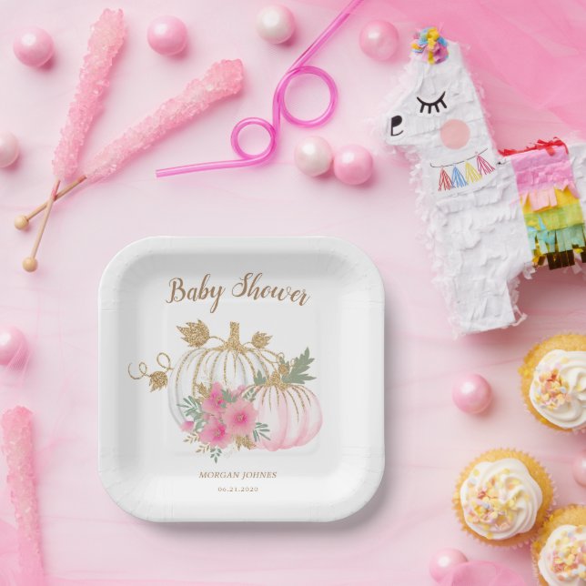 Pink und Gold Pumpkin Blumendusche Pappteller (Party)