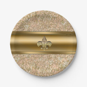 Pink- und Gold-Sparkle-Glitter-Fleur-de-Lis-Party Pappteller