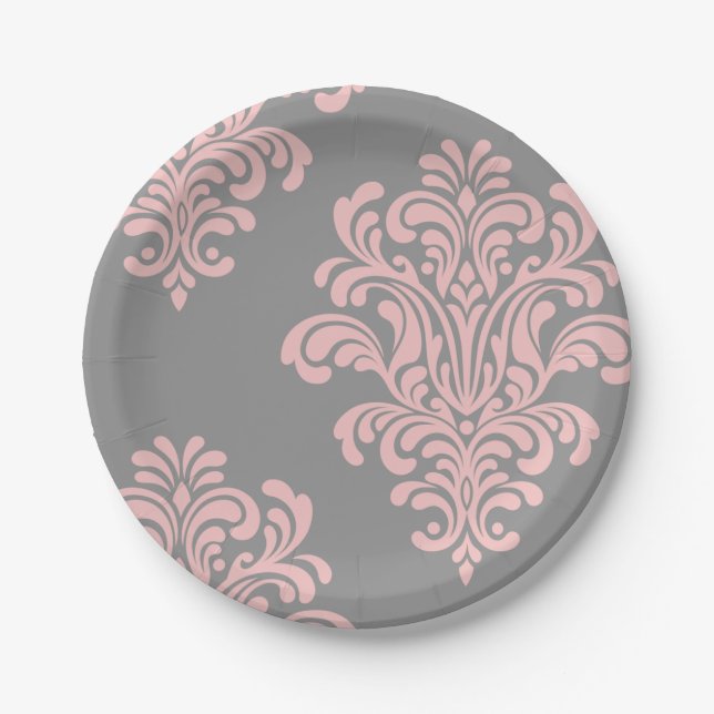 Pink und Grau-Damaskus-Muster Pappteller (Vorderseite)