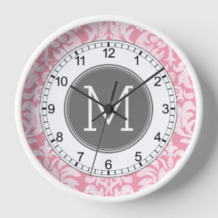Pink und Grau-Damast-Muster für ein benutzerdefin Wanduhr