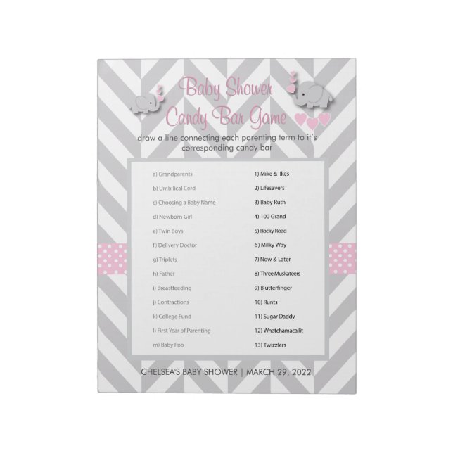 Pink und Grau Elephant Baby Duwer Game Notizblock (Rotiert)