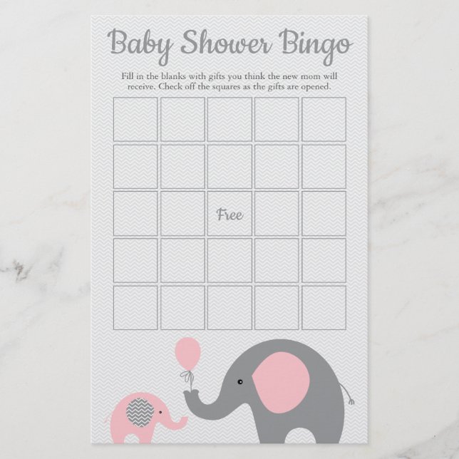 Pink und Grau Elephant Baby Shower Bingo Game Card Flyer (Vorne)